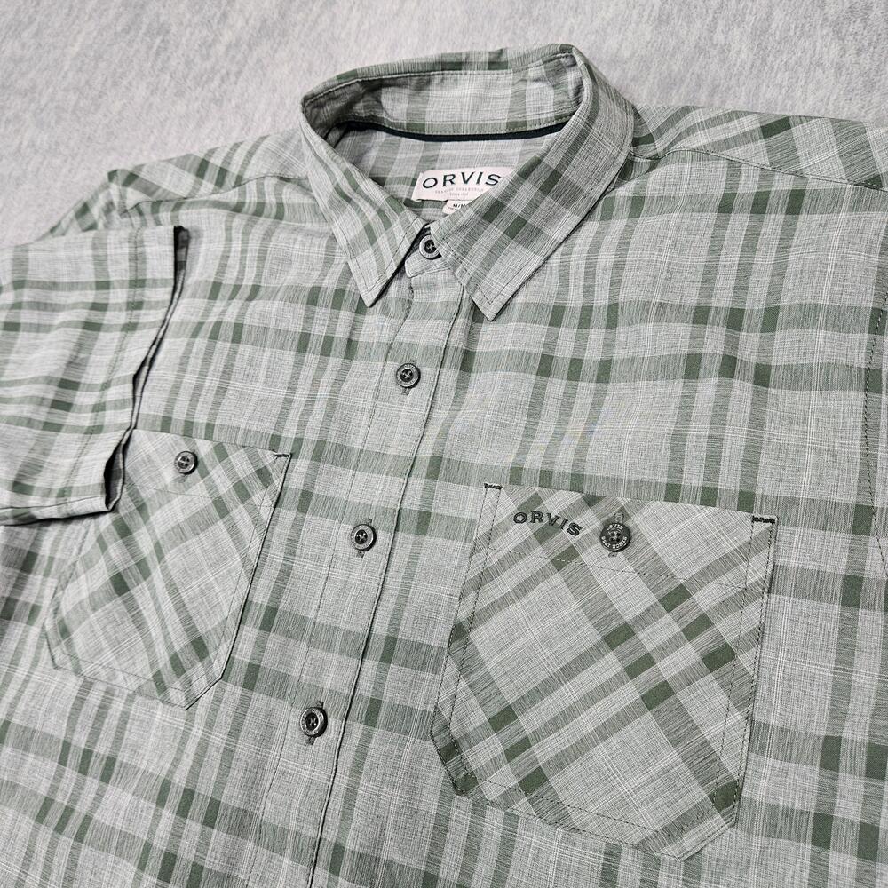 Orvis Shirt Mens M Polyester Tech Plaid Short Sleeve Outdoor Fishing Pockets